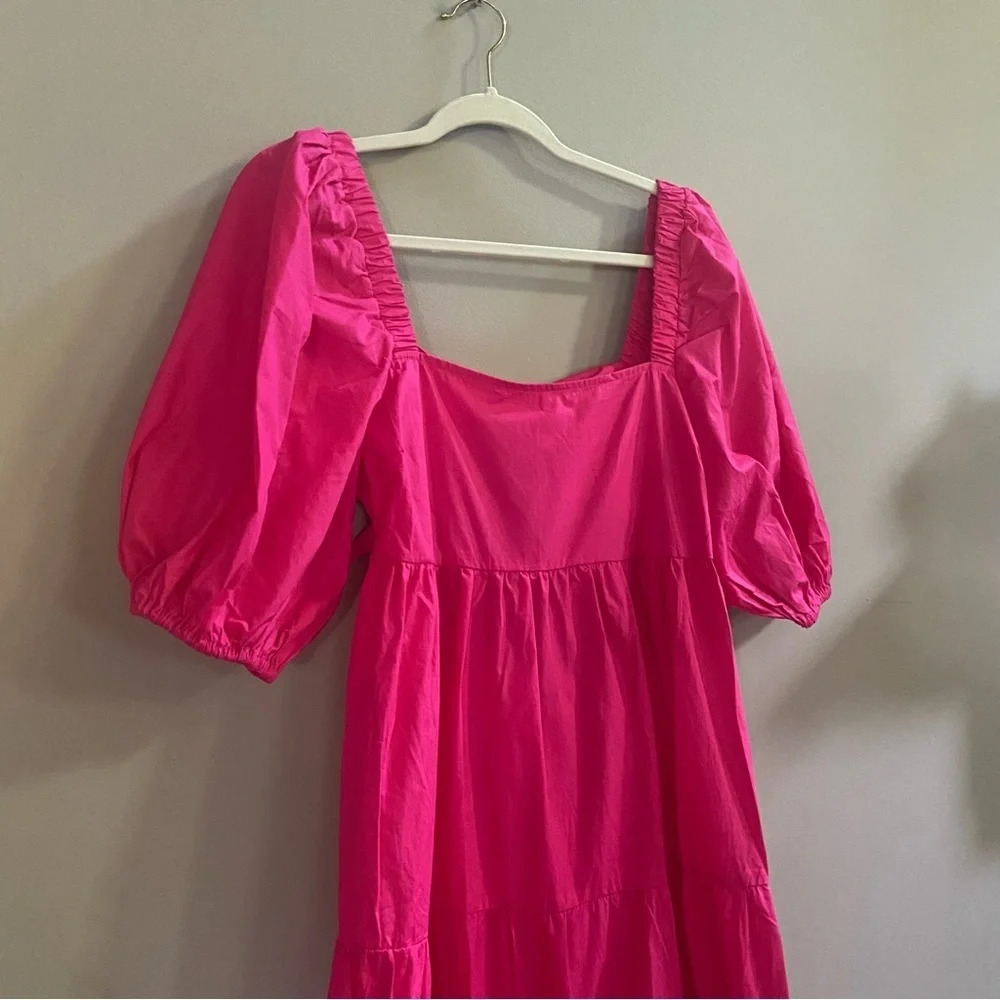 New! Minkpink Yasamin puff sleeve tiered midi dress raspberry pink 13984 - Picture 6 of 7
